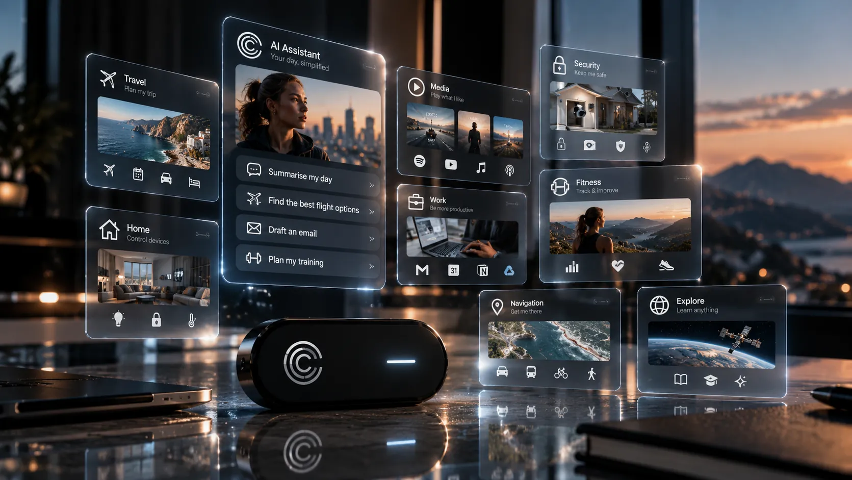 ORVIS on a desk surrounded by floating panels for travel, work, home, media, fitness and navigation